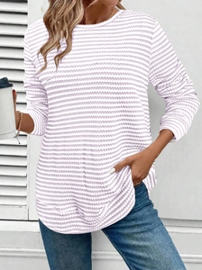 Top de punto a rayas lavanda para mujer con manga larga, patrón de gofre y cuello redondo