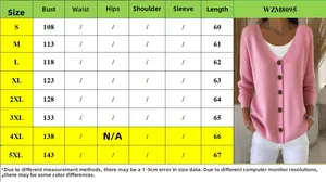 Size chart for pink buttoned knit cardigan sweater featuring bust and length measurements