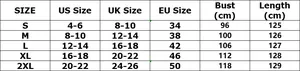 Size chart showing US, UK, EU conversions and measurements for this long sleeve dress