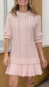 Detailed knit texture and pleated chiffon hem of a pink sweet style mini dress