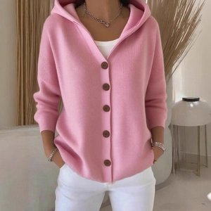 Pink hooded button-down knit cardigan for women with a comfortable casual fit