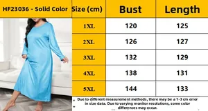Size chart detail for long sleeve plus size nightdress with measurements from 1XL to 5XL