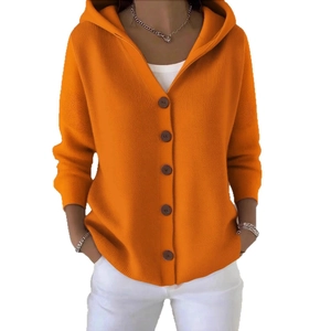 Orange hooded knitted cardigan with button closure for women in casual loose fit style