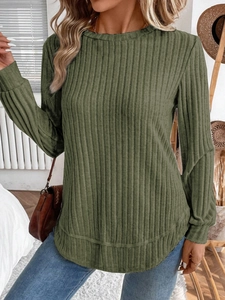 Close-up of olive green long-sleeved rib-knit sweater with detailed texture and crew neck