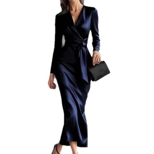 Elegant deep blue satin long sleeve wrap dress with waist tie and V-neckline