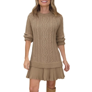Chic khaki cable knit mini dress featuring a pleated chiffon hem and crew neck style