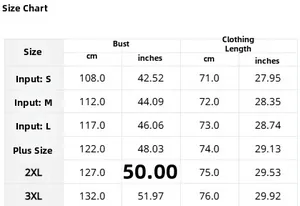 Detailed size chart for women's corduroy shirt showing bust and length in cm and inches
