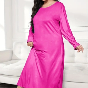 Fuchsia long sleeve oversized satin maxi dress with a round neck and loose fit