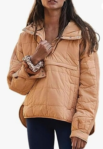 Quilted khaki pullover jacket featuring leopard print cuffs and a buttoned funnel neck