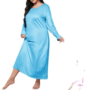 Sky blue long sleeve plus size lounge dress with drop shoulders and round neck