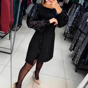 Elegant black bodycon dress with sequined mesh lantern sleeves and round neckline