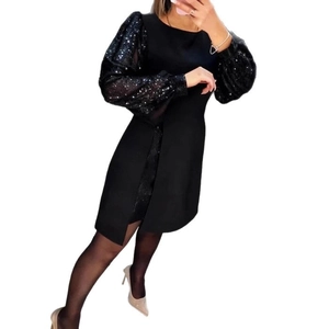Elegant black mini dress featuring sequined puff mesh sleeves and slim fit silhouette