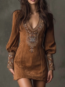 Brown faux suede V-neck mini dress featuring ethnic embroidery and long sleeves