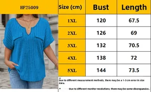 Size chart table for plus size V-neck short sleeve top showing measurements 1XL to 5XL