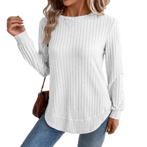 Classic white ribbed knit long sleeve sweater with a stylish curved hem for women