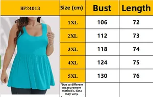 Detailed size chart for plus size sleeveless top from 1XL to 5XL with measurements