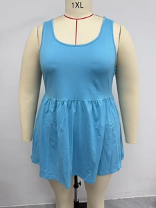 Detail of plus size sky blue sleeveless top with pleated waist and soft knit fabric