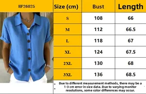 Size guide for women's elegant sky blue button down shirt with lapel and short sleeves