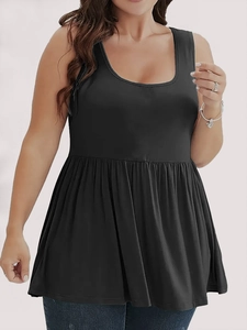 Women's plus size black sleeveless U-neck top with pleated A-line babydoll hem design