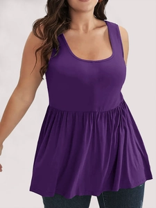 Women's casual dark purple sleeveless tank top with U-neck and pleated baby-doll hem