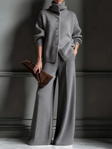 Damen Strickset in Grau mit Rollkragen-Cardigan und weit geschnittener Strickhose