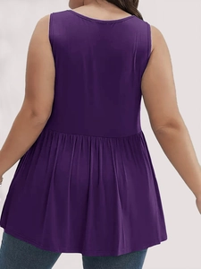 Back view of a plum sleeveless top featuring a stylish pleated hem and a U-shaped neckline