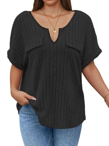 Women's loose black V-neck short sleeve T-shirt with ribbed texture and faux pockets
