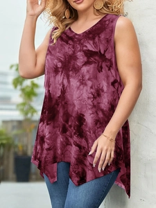 Plus size αμάνικη μπλούζα tie-dye με λαιμόκοψη V και ασύμμετρο στρίφωμα σε μπορντό