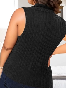 Detail view of the black sleeveless high-neck ribbed knit top showing back fit and texture