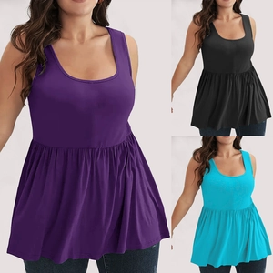 Detail of plus size peplum tank tops in purple, black, and blue with ruffled hems