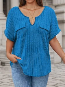 Women's V-neck royal blue short sleeve ribbed t-shirt with decorative pockets and loose fit
