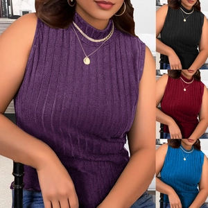 Women Plus Size Mock Neck Sleeveless Tank Top Solid Color Ribbed Knit Slim Fit Casual Stretchy Summer Fashion T-Shirt Top