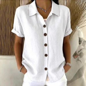 Elegant white short sleeve linen shirt for women featuring lapel collar and wooden buttons