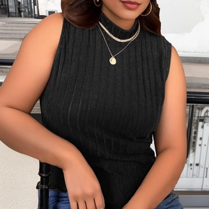 Slim fit black ribbed knit sleeveless top with high neck for casual urban styling