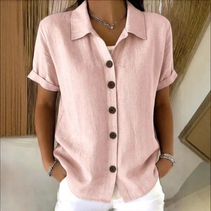 Elegant pink linen short sleeve shirt with classic lapel and brown buttons for women