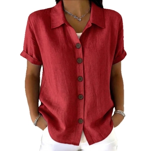 Elegant dark red short sleeve button-down shirt with lapel collar and linen texture