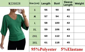 Size chart for women's V-neck top with measurements and material specifications