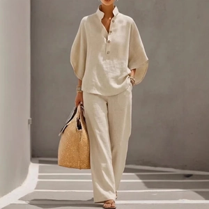 Zweiteiliges Damen-Leinen-Set mit Fledermausärmeln und langer Hose in Beige-Haferflocken