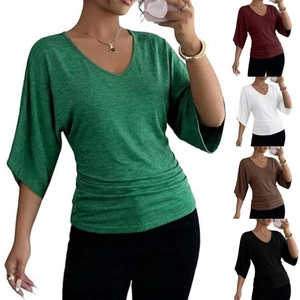 Women's V-Neck Batwing Half Sleeve T-Shirt Casual Solid Color Ruched Side Knit Top Fashion Slim Fit Streetwear Tee