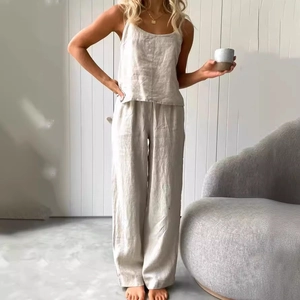 Damen Top Und Bottom Baumwolle Leinen Zweiteiliges Set Knopfdekor Cami Top Weites Bein Hose Sommer Strandurlaub Outfit