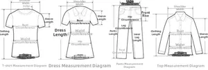 Detailed measurement guide for women's tops, dresses, and pants with precise sizing charts