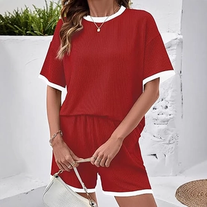 Damen Casual Gerippter Gestreifter Trainingsanzug Kurzarm Top Und Shorts Stilvoll Sportlich Kontrastbesatz Sommer Home Loungewear Outfit