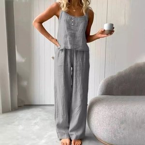 Graues Leinen-Zweiteiler-Set mit geknöpftem Camisole und hoch taillierter weiter Hose