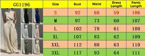 Detailed size chart for women sleeveless cotton linen sets from S to 3XL with measurements