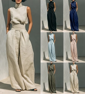 Detailed palette of linen sleeveless tops and wide-leg trousers in six neutral colors