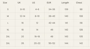 Tableau des tailles détaillé pour robe longue sans manches avec conversion UK US EUR