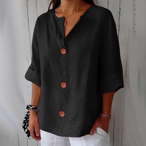 Women's black V-neck cotton linen t-shirt with brown buttons and rolled sleeves