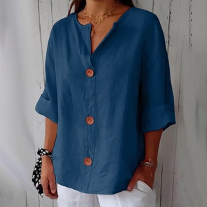 Women's V-neck cotton linen blouse in navy blue with stylish large brown buttons