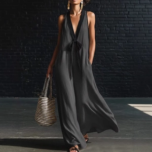 Robe Longue Élégante Sans Manches Col en V Avec Bordure Contrastée Et Noeud Robe Longue Décontractée Vacances Femmes