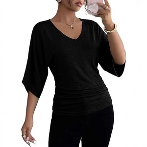 Women's chic black V-neck t-shirt with stylish batwing sleeves and side ruched detailing